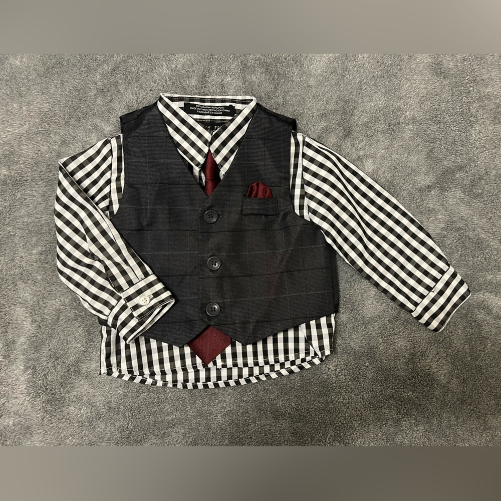 Black and White Checkered Shirt with Gray Vest and Red Tie - Picture 1 of 2